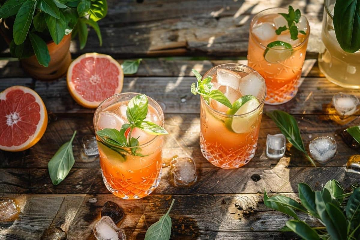 Bar de mariage avec cocktails fruités, mocktails, agrumes et verres élégants