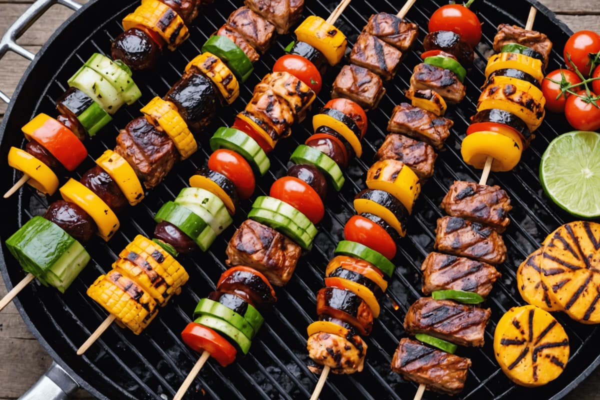 Grillades variées, légumes et fruits cuits sur un barbecue dans un jardin d’été