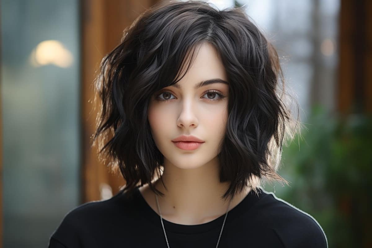 Cheveux mi-longs ondulés retenus en demi-queue par une pince discrète