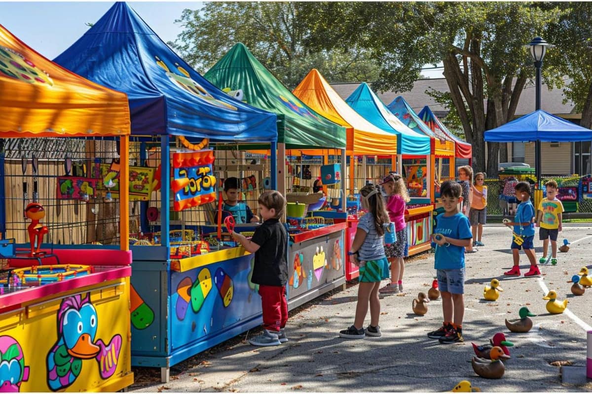 Stands de jeux colorés installés dans la cour d’une école primaire