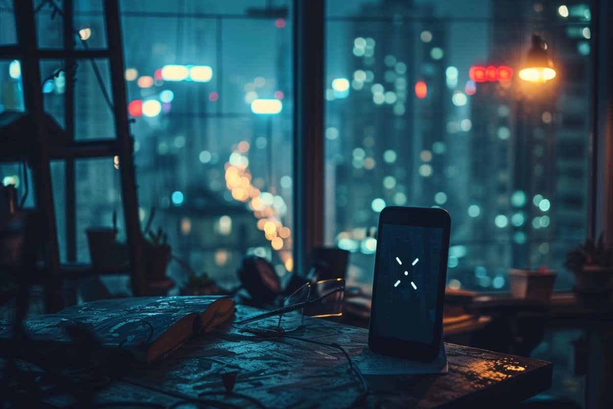 Smartphone sur bureau avec réglages réseau ouverts et données mobiles désactivées