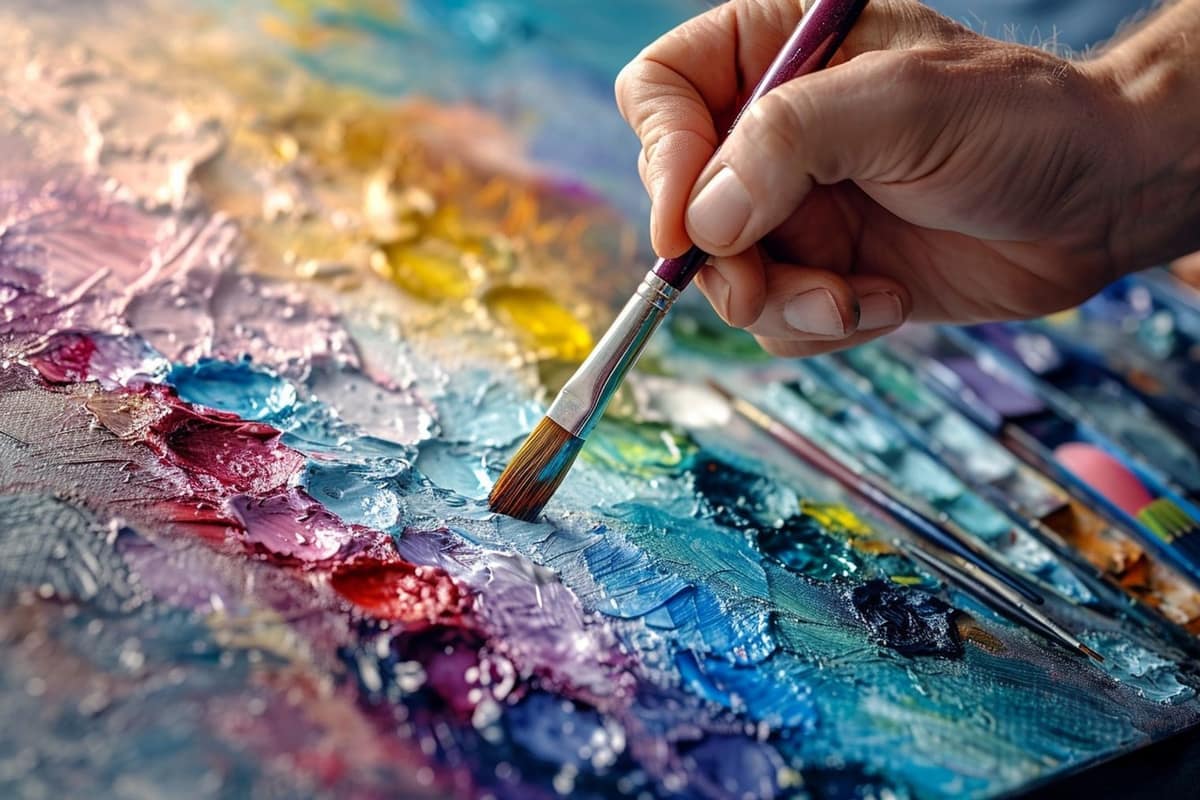 Matériel d’aquarelle sur table avec palette, pinceaux, papier et étude botanique