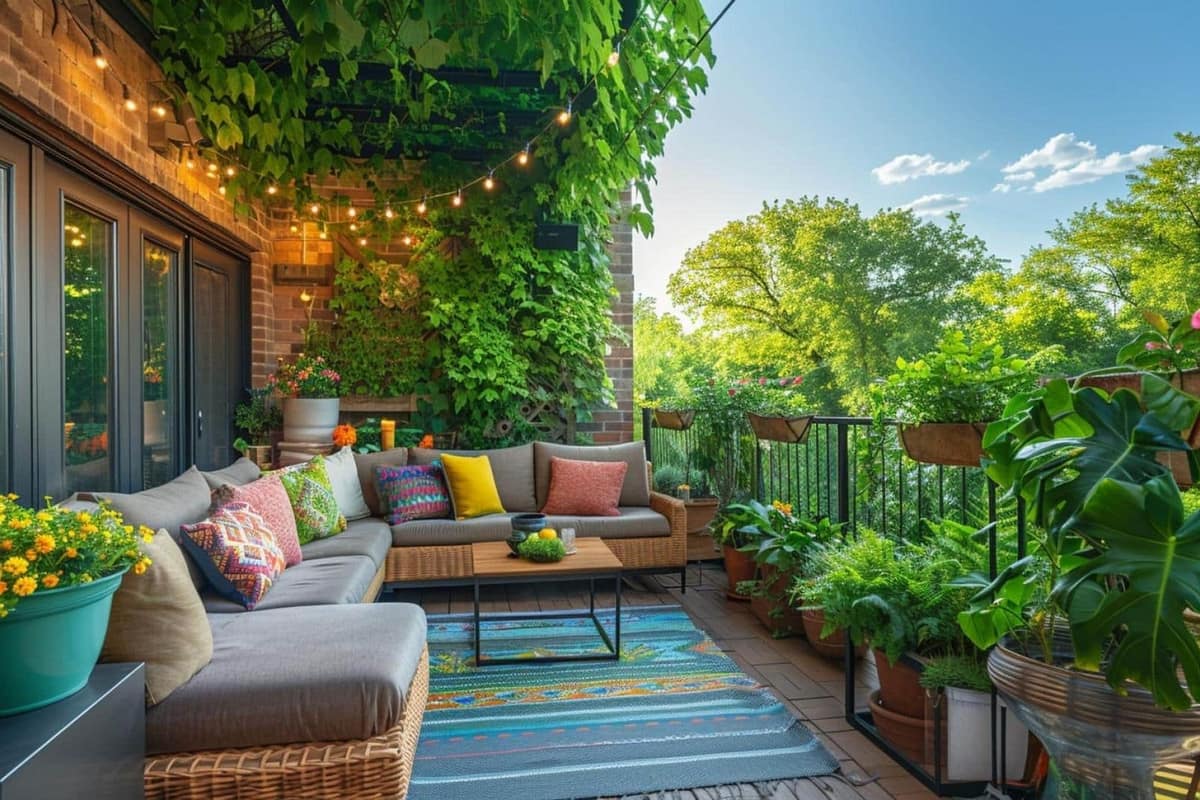 Petite terrasse urbaine avec table ronde, parasol, plantes aromatiques et caillebotis bois