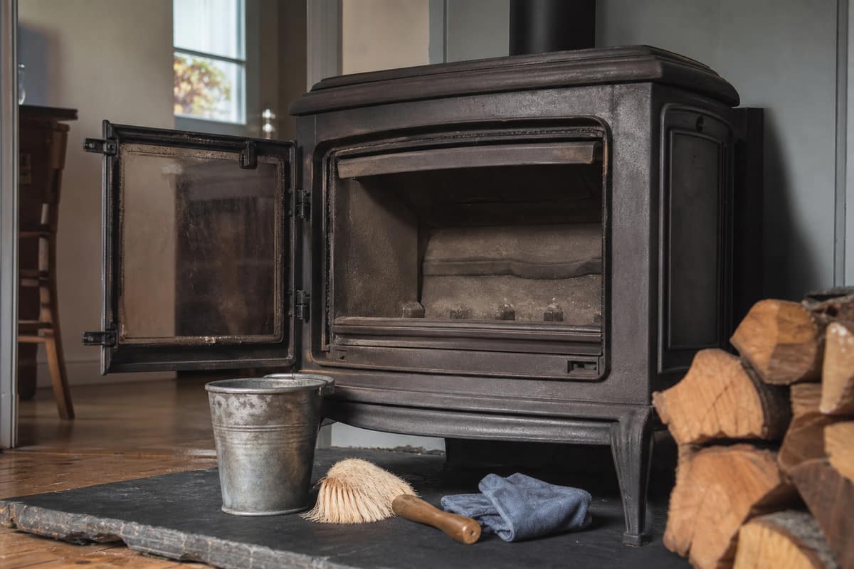 Poêle à bois froid avec seau métallique, brosse et bûches sèches