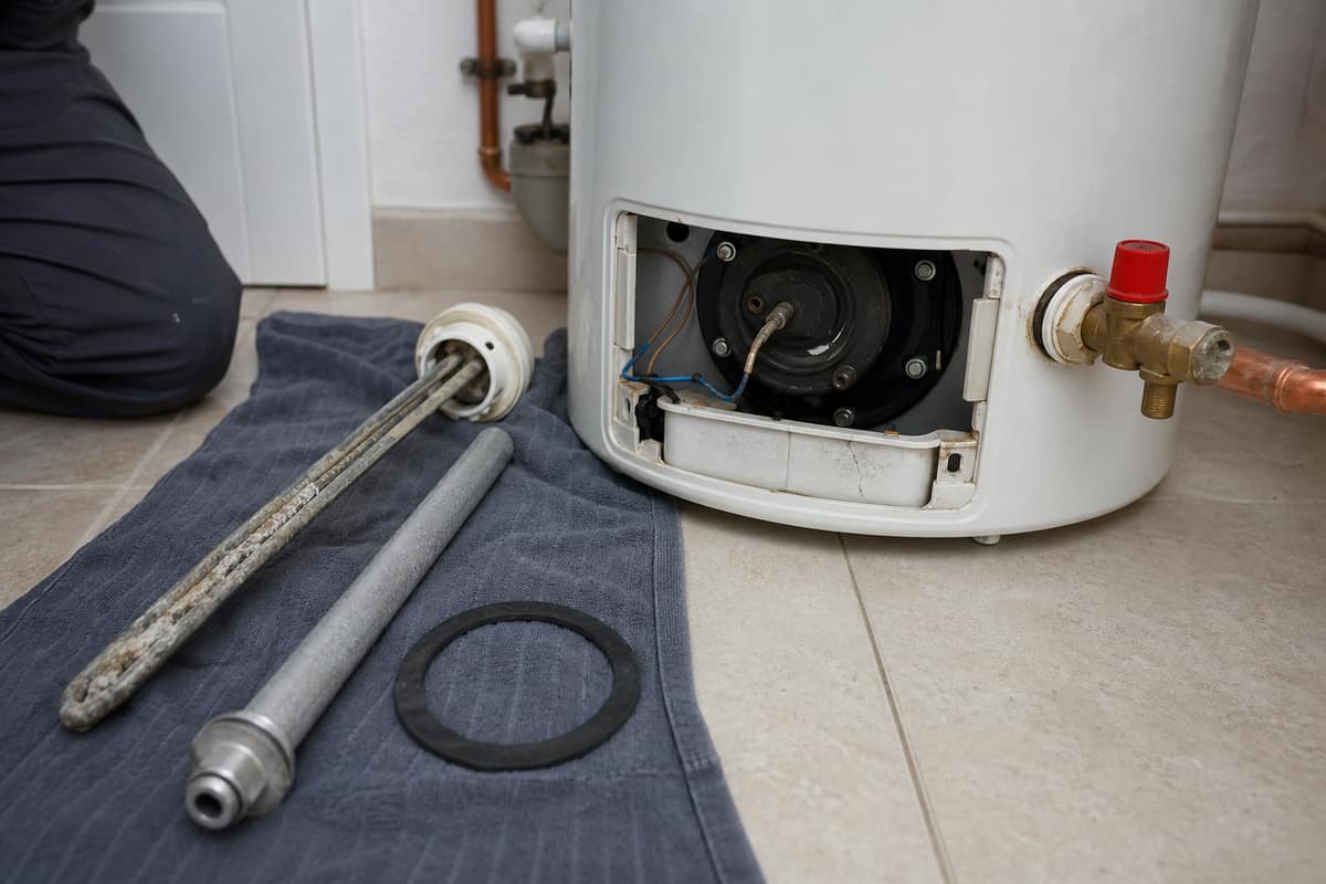 Anode en magnésium usée et anode neuve près d’un chauffe-eau ouvert