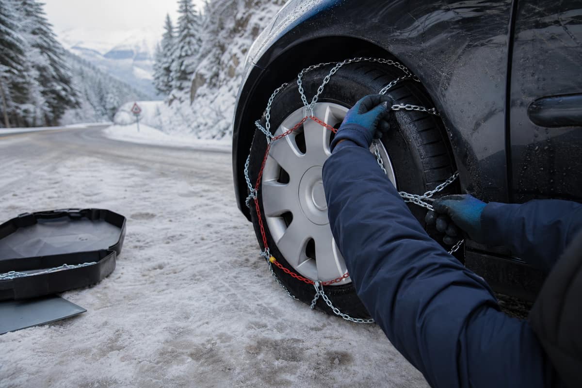 Chaîne métallique en cours de pose sur la roue avant d’une voiture enneigée