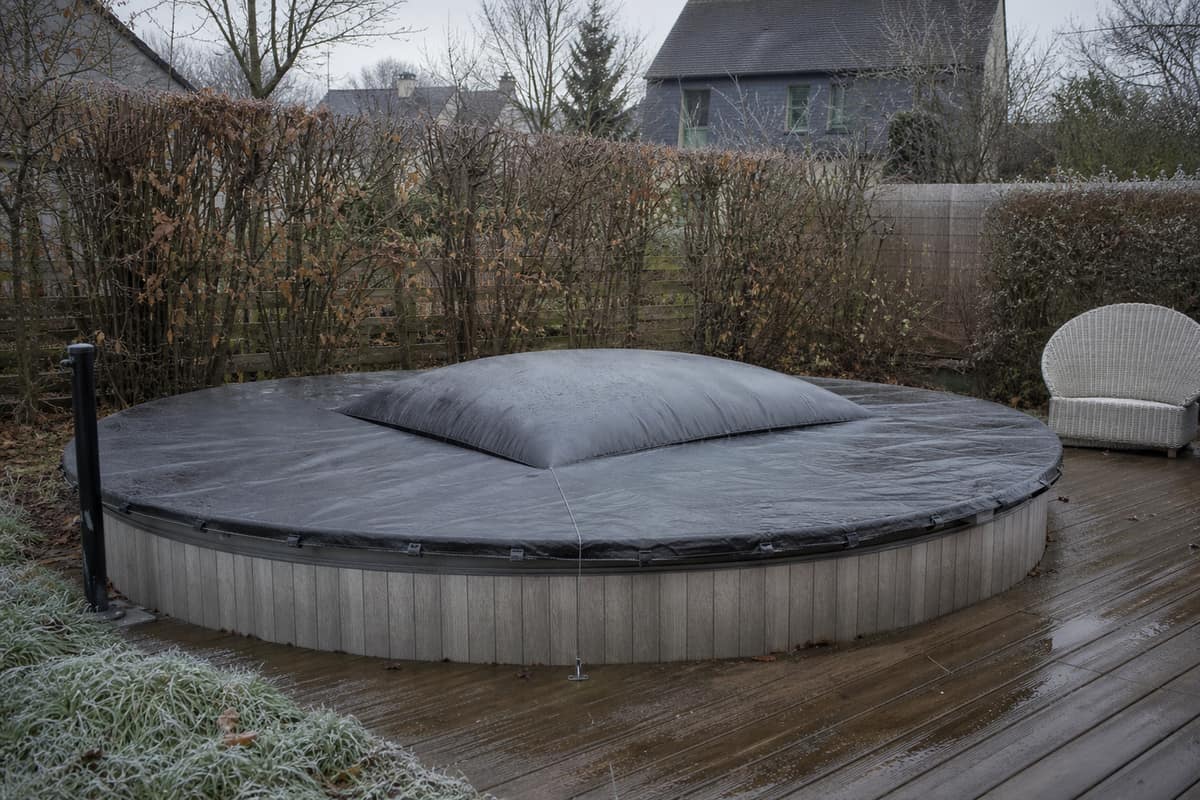 Bâche d’hiver bombée par un coussin gonflable sur piscine hors-sol