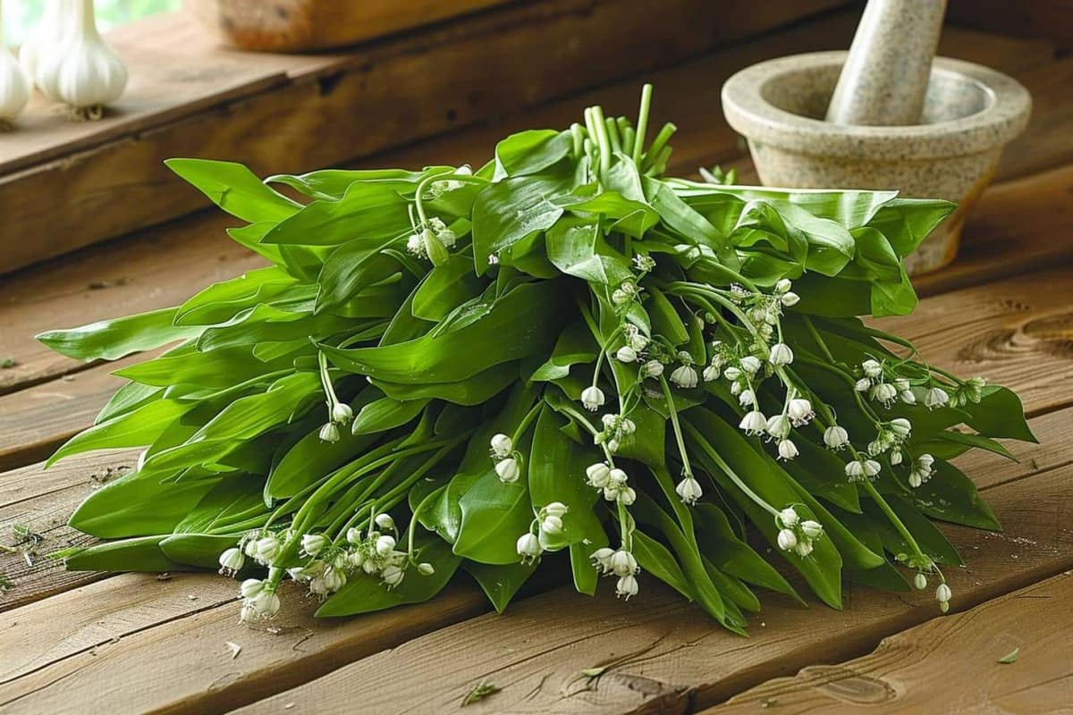 Feuilles d’ail des ours fraîches et pesto vert sur une table de cuisine