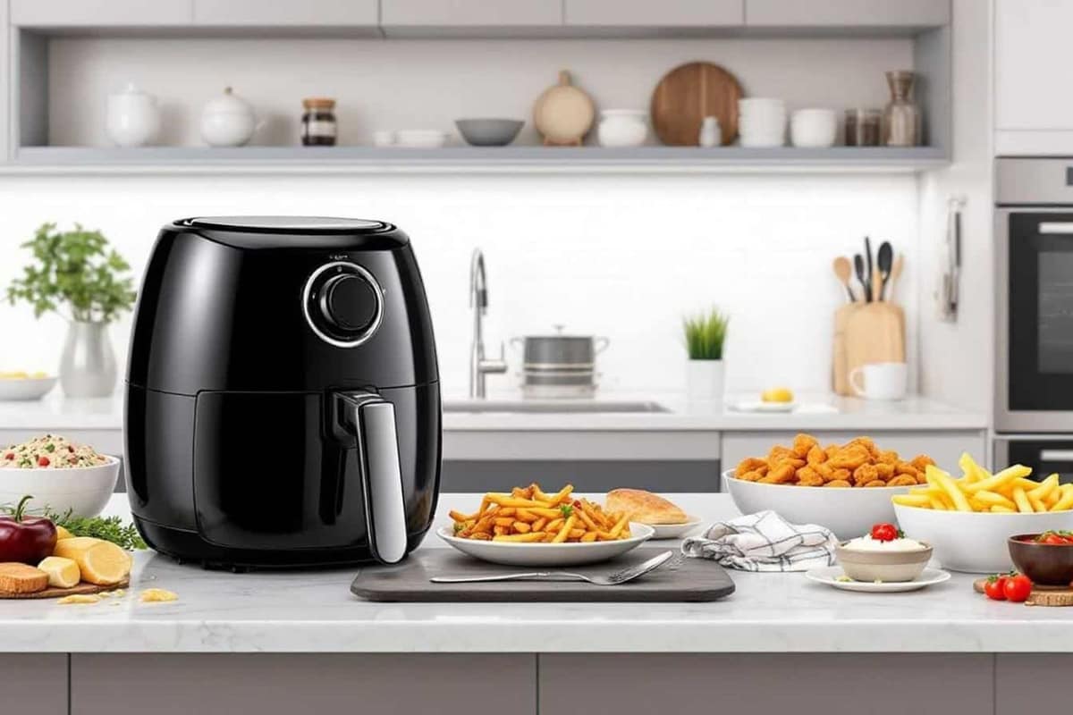 Panier d’airfryer avec légumes rôtis, poulet pané et ramequin en céramique