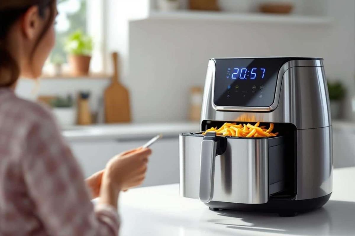 Airfryer ouvert avec pommes de terre dorées et légumes rôtis sur plan de travail