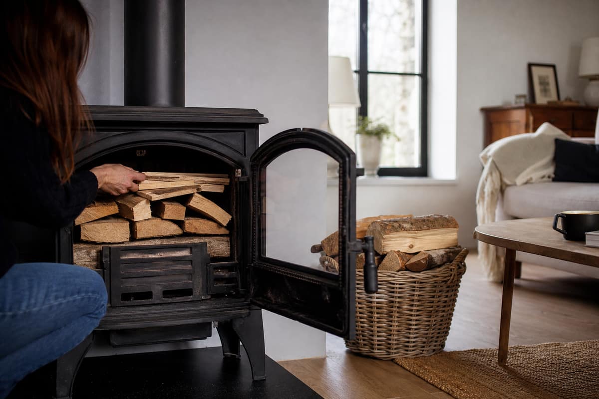 Petit bois sec et bûches empilés dans un poêle à bois