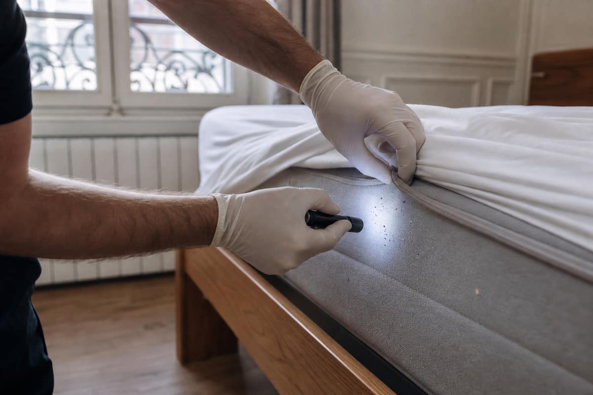 Inspection des coutures d’un matelas avec lampe torche et gants