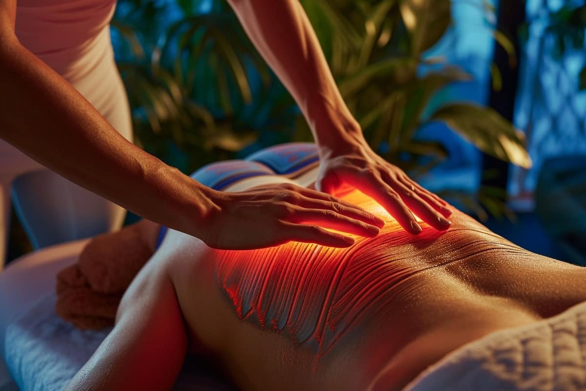 Auto-massage de la fesse avec une balle souple contre un mur