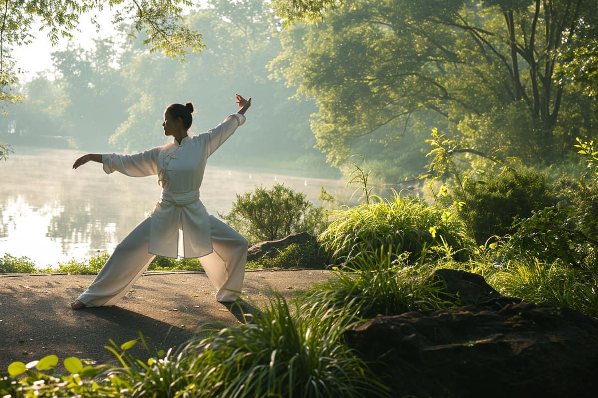 Adulte pratiquant un transfert de poids de tai chi dans un salon lumineux