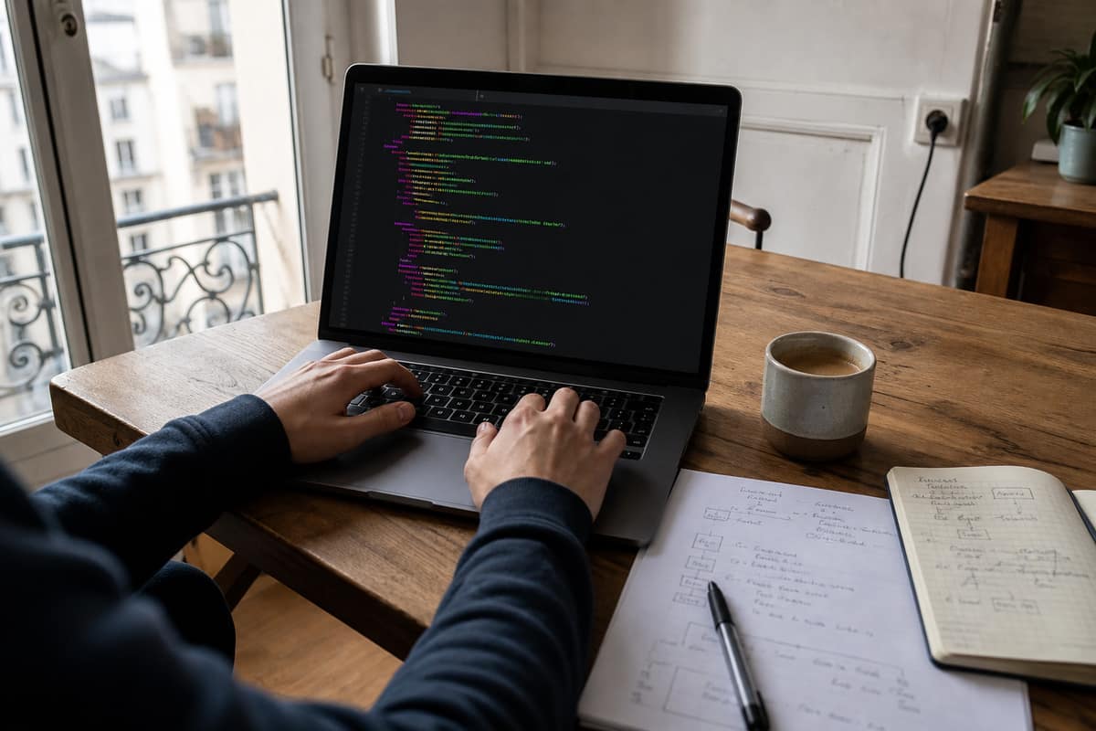 Ordinateur portable et carnet d’exercices sur un bureau pour apprendre à programmer