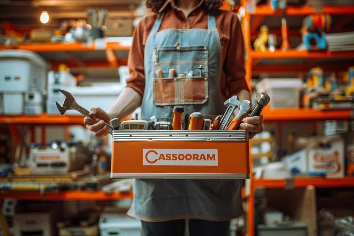 Atelier de bricolage avec planche, perceuse, équerre et lunettes de protection