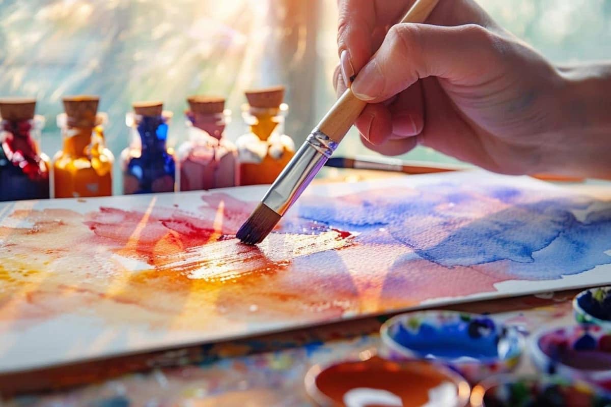 Palette d’aquarelle, pinceaux et feuille peinte sur une table en bois