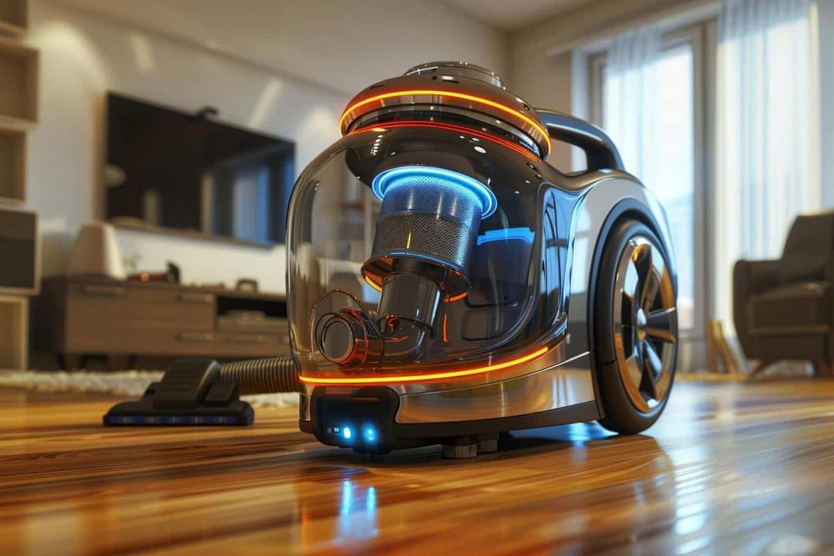 Aspirateur traîneau avec brosse parquet sur sol en chêne clair