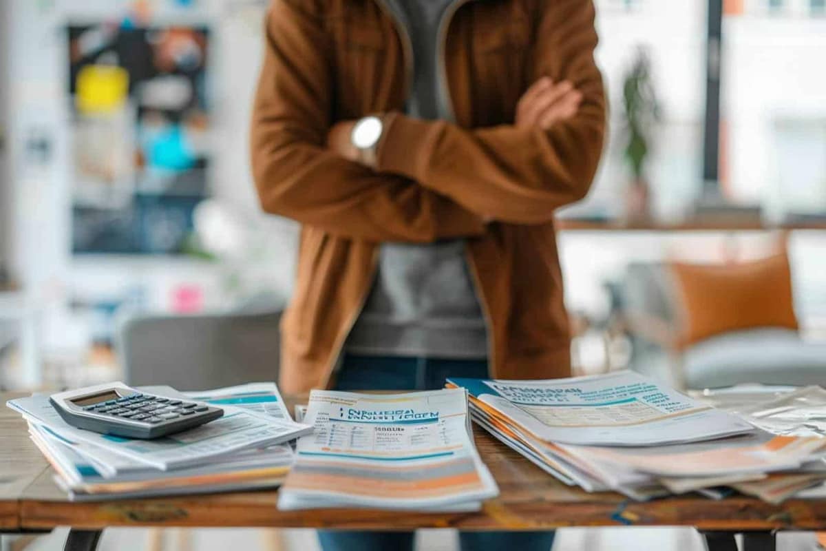 Couple examinant un contrat d’assurance et un budget familial sur une table