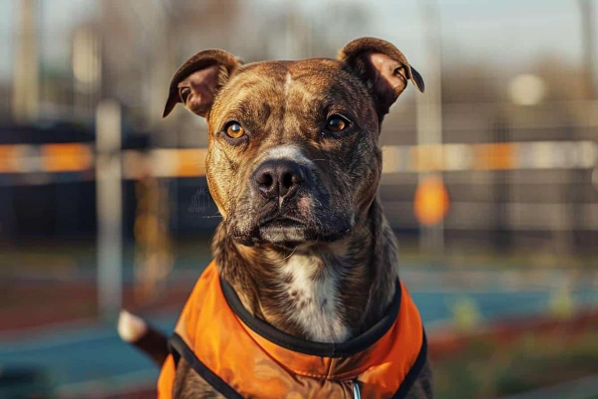 Chien de travail équipé près de documents d’assurance et d’un harnais