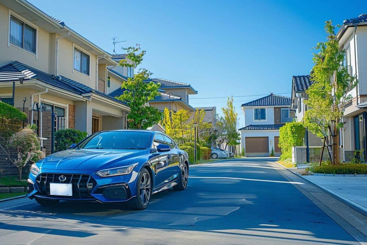 Voiture compacte verrouillée stationnée dans une rue résidentielle éclairée au crépuscule