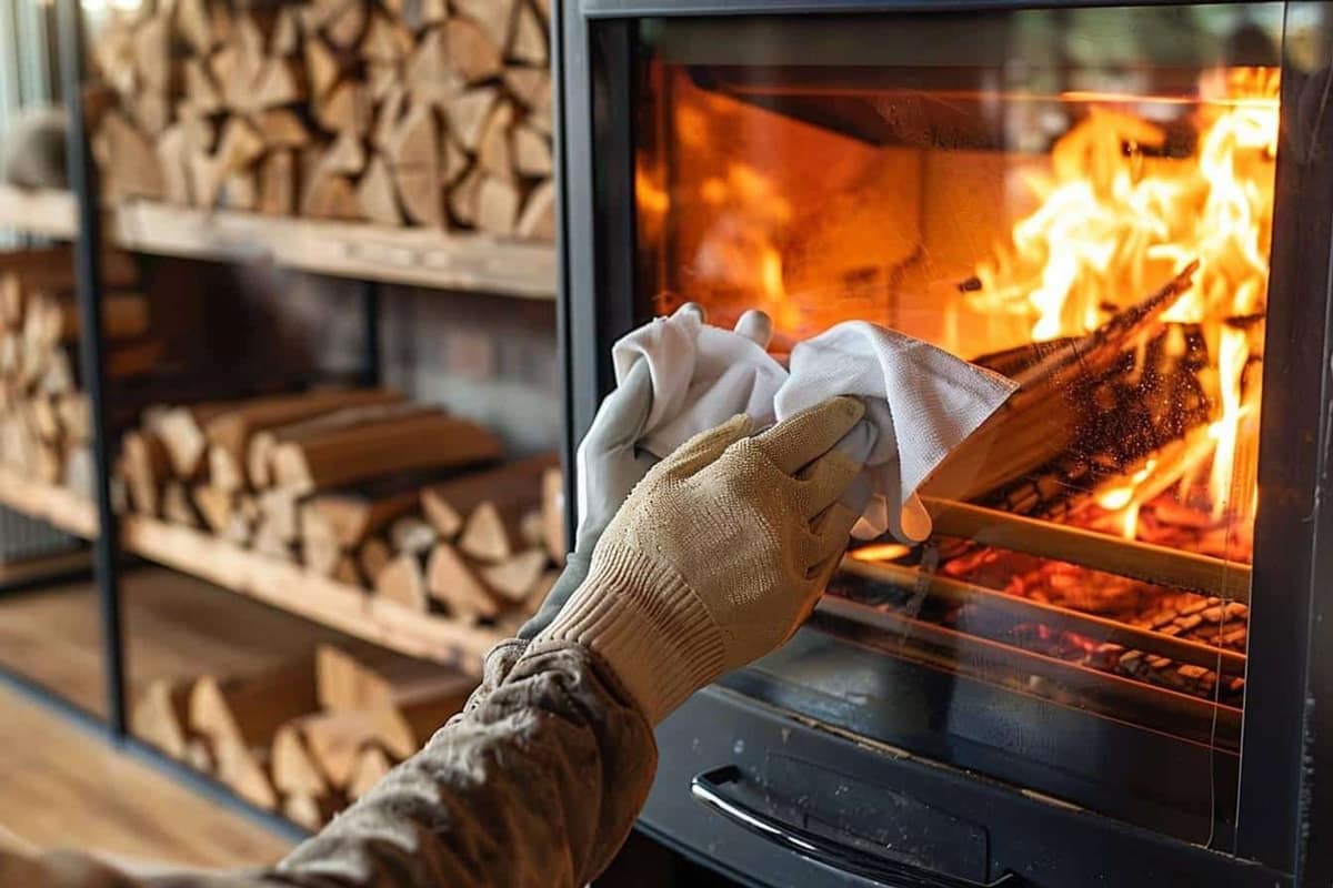 Main nettoyant une vitre froide de poêle à bois avec un chiffon cendré