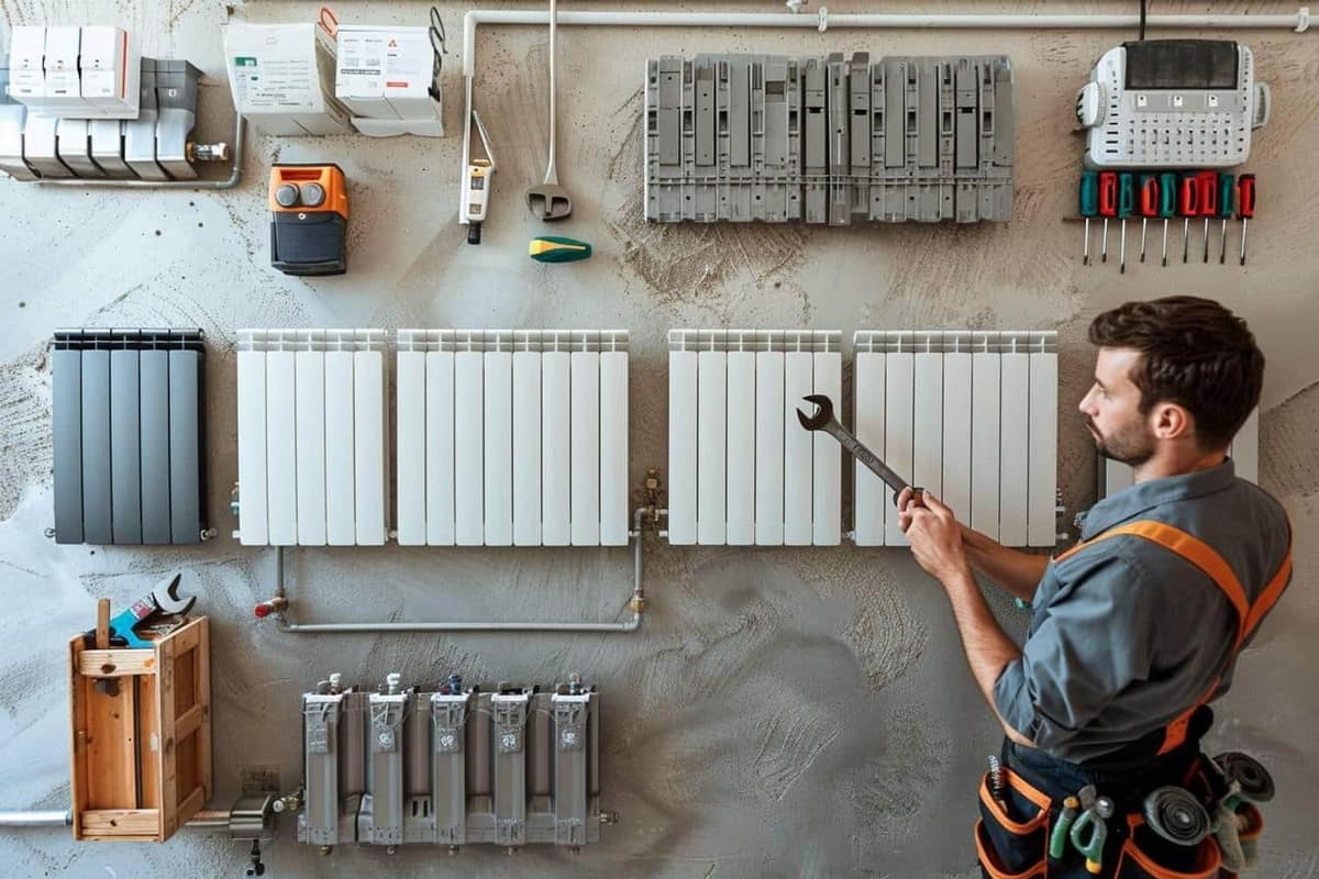 Radiateur à eau dégagé avec clé de purge et chiffon au sol