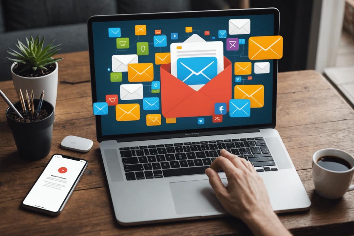 Bureau avec ordinateur, smartphone et checklist pour migrer une adresse e-mail