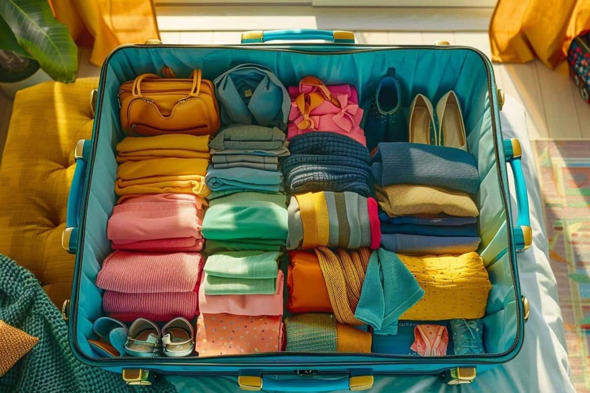 Valise cabine ouverte avec vêtements roulés, cubes de rangement et trousse de toilette