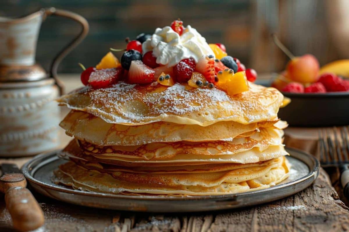 Pile de crêpes dorées près d’une poêle et d’une louche de pâte