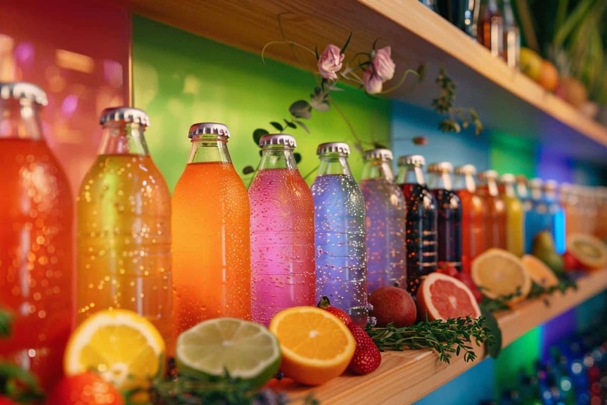 Trois verres de sodas colorés avec gingembre, citron et pamplemousse sur une table