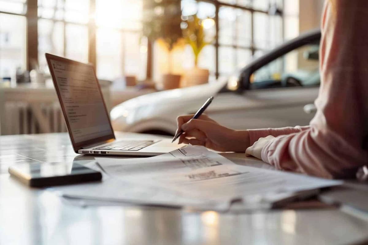 Ordinateur portable et documents d’immatriculation posés sur une table en bois