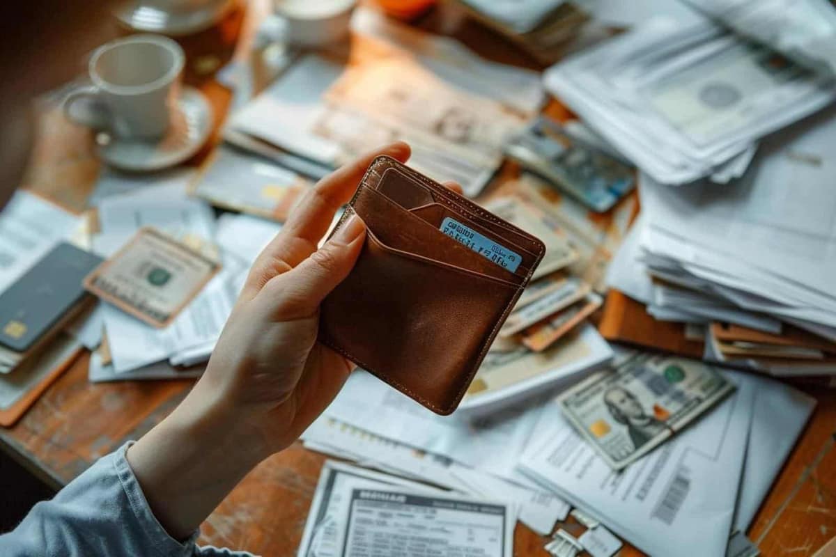 Porte-cartes, smartphone et attestation de droits posés sur une table en bois