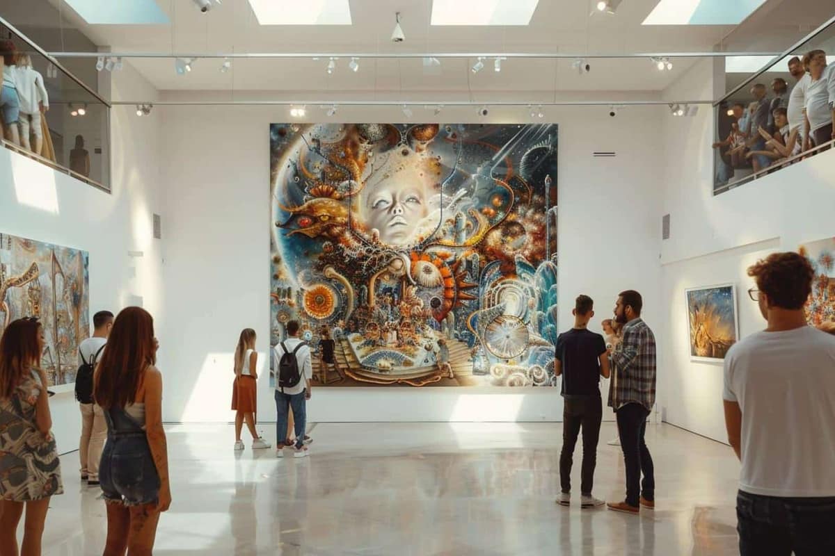 Reproduction surréaliste encadrée sur un mur clair dans un salon lumineux