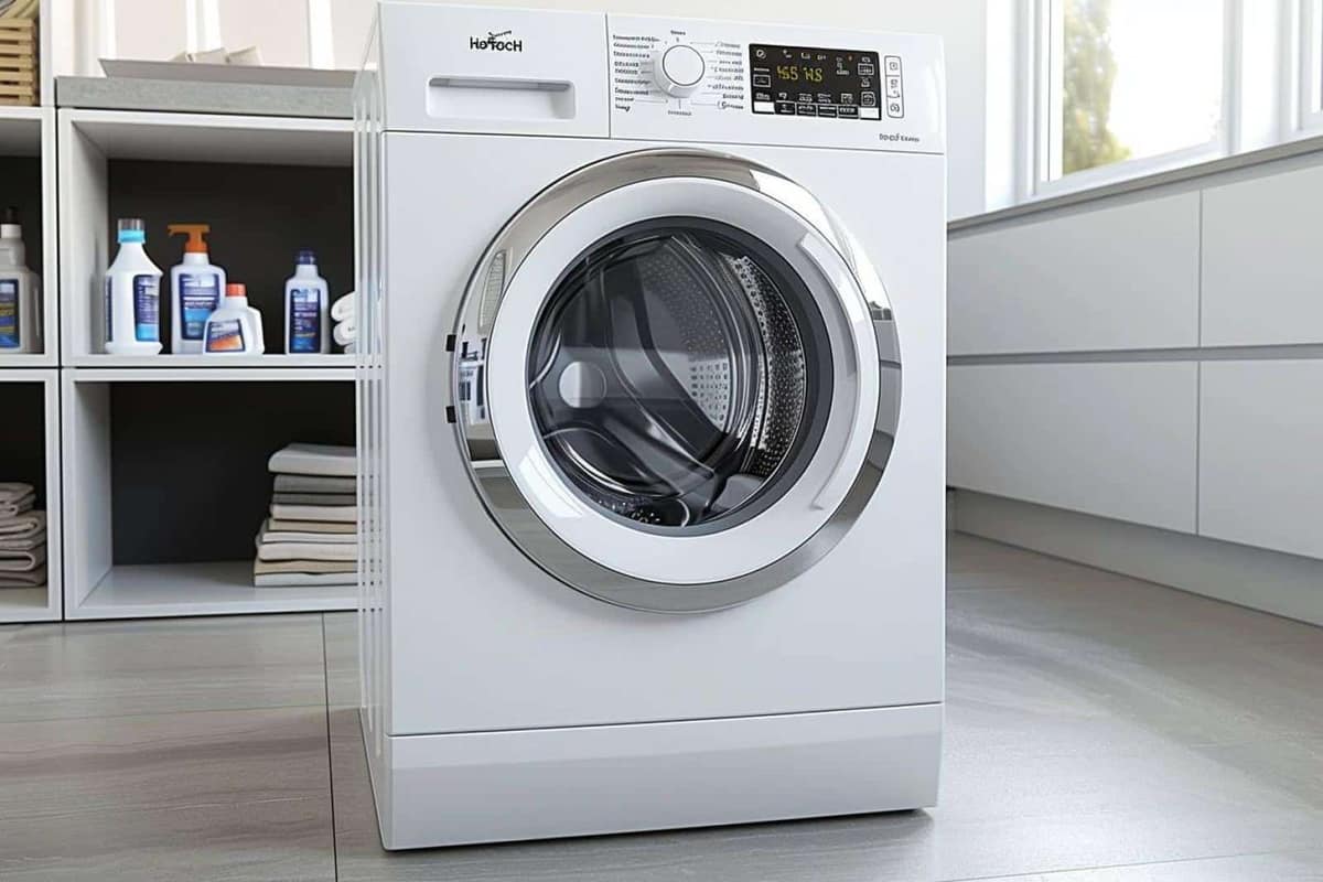 Lave-linge à hublot blanc installé dans une buanderie d’appartement lumineuse