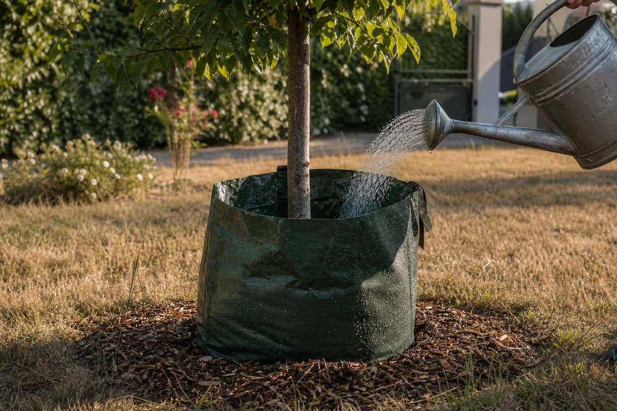Anneau d’irrigation rempli d’eau autour d’un jeune arbre paillé en été