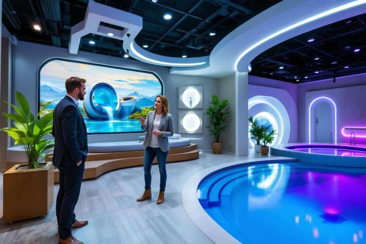 Piscine compacte enterrée avec margelles claires dans un jardin résidentiel français