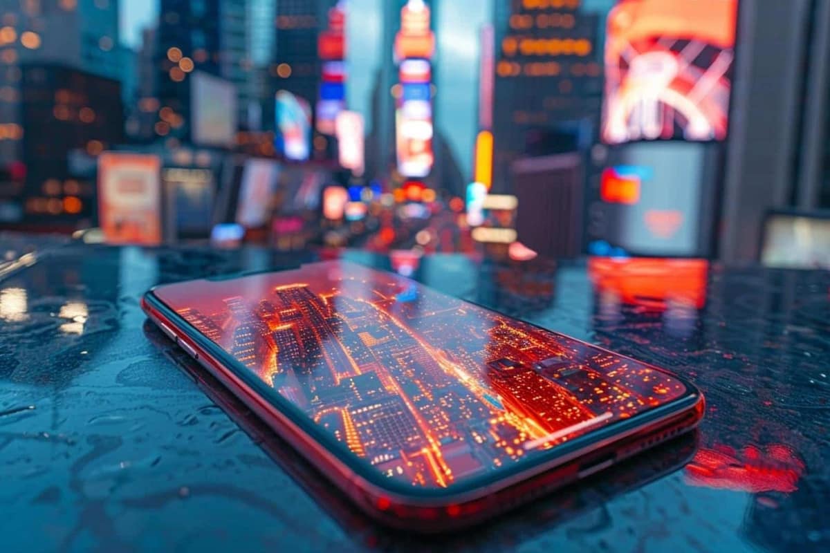 Six smartphones récents posés sur une table en bois avec câble USB-C