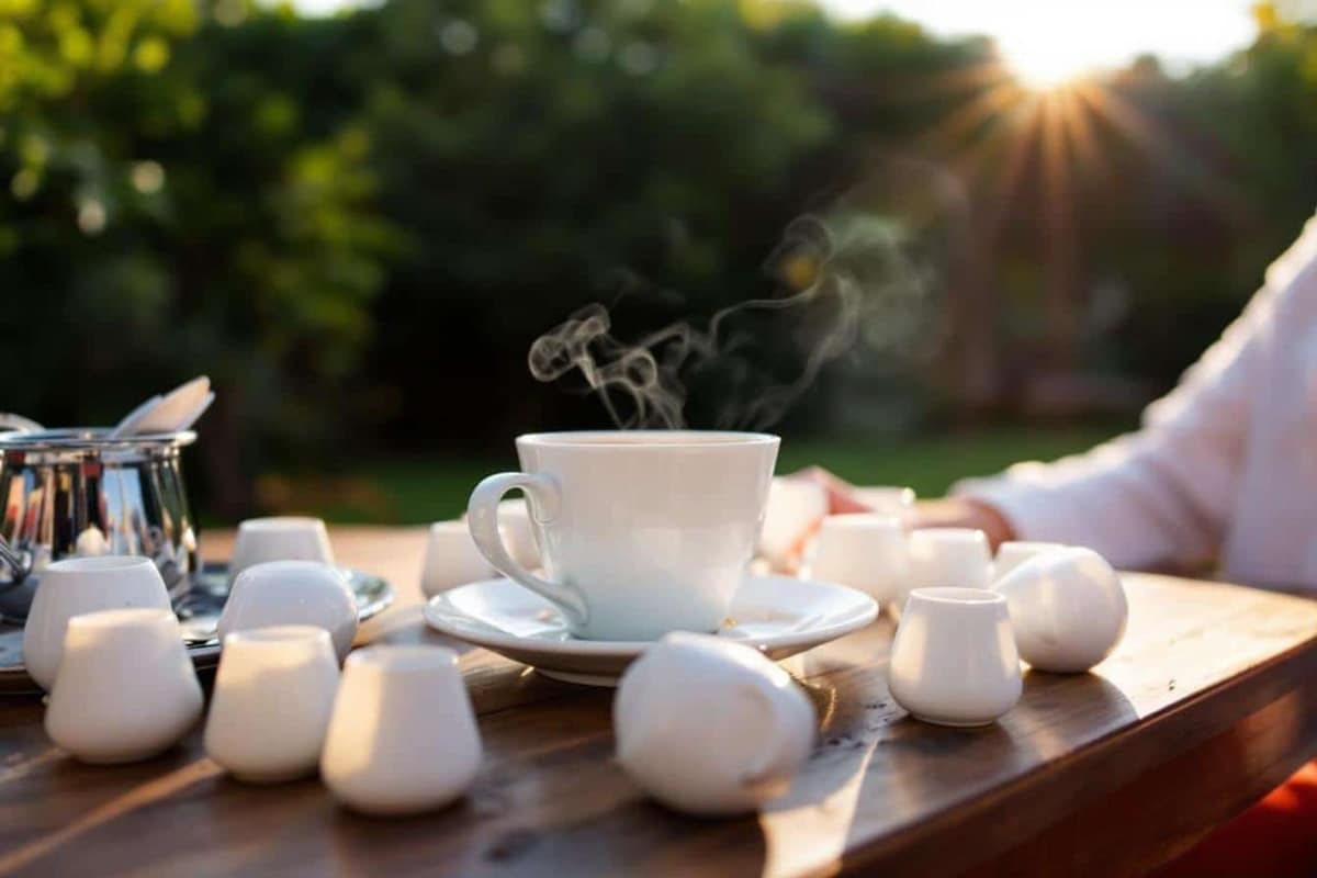 Carafe d’eau fraîche et tasse d’infusion sur une table en été