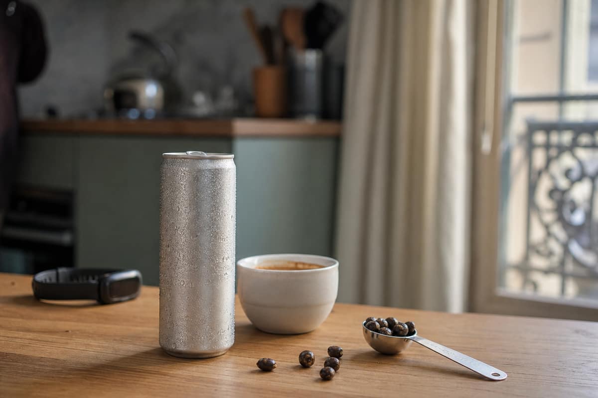 Canette énergisante neutre, café expresso et graines de guarana sur une table