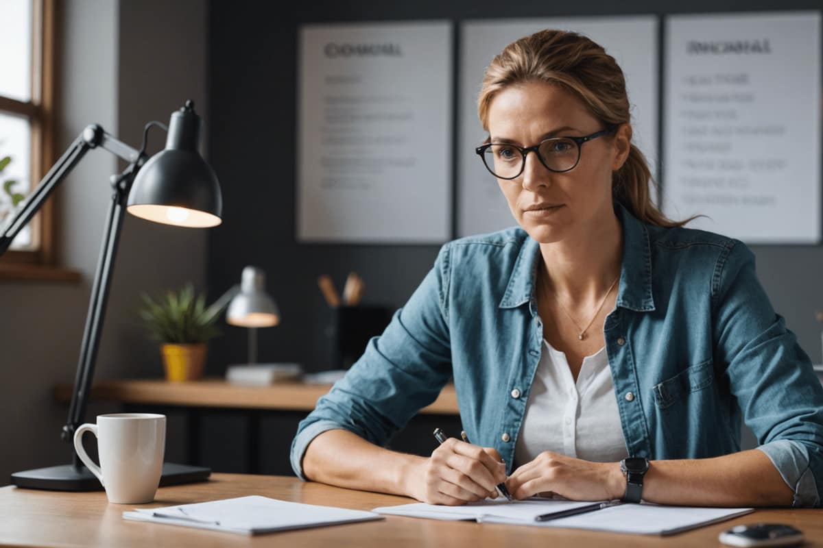 Espace de travail lumineux avec carnet, chaussures de marche, fruit et verre d’eau