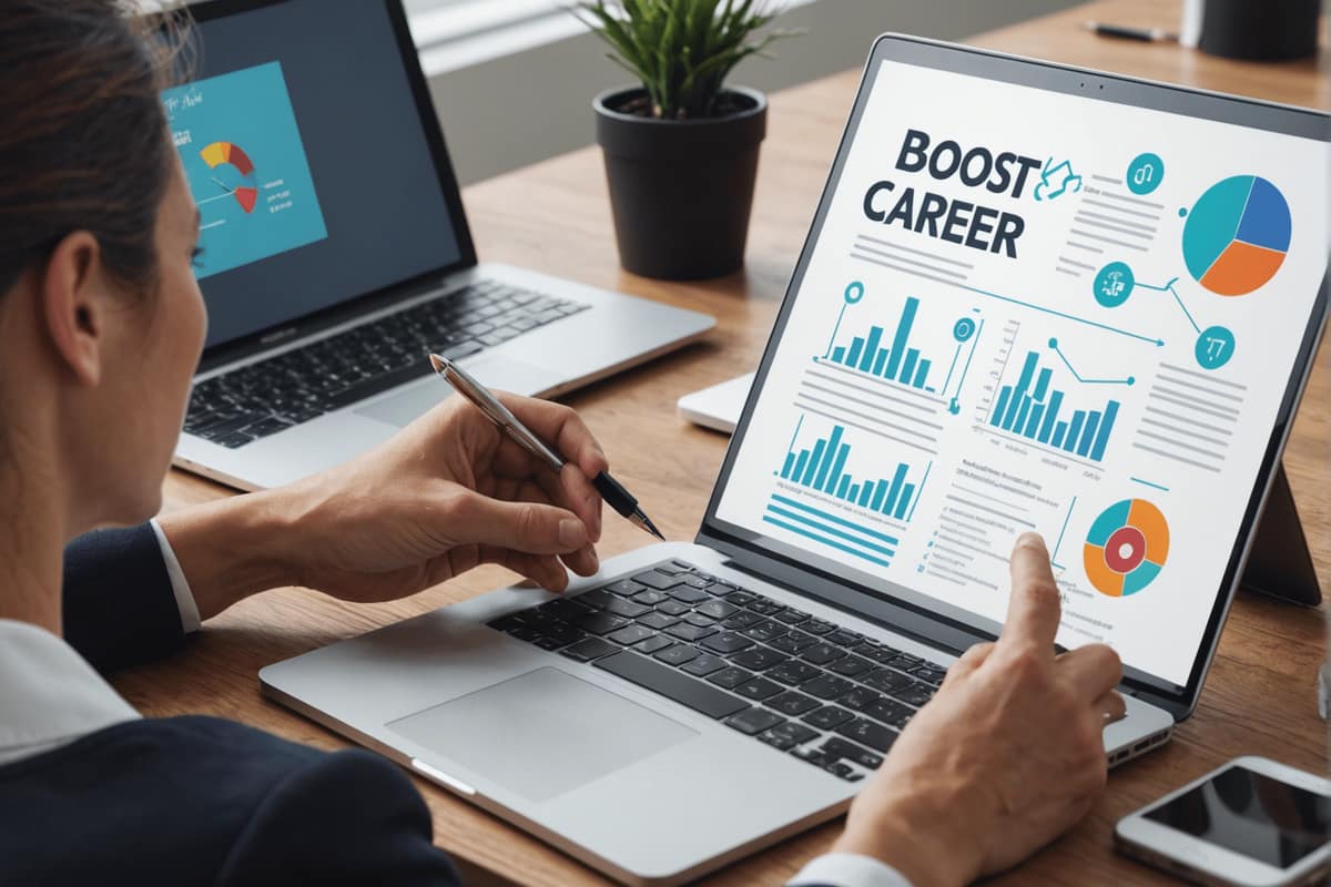 Professionnelle organisant son portfolio et son réseau sur un bureau lumineux