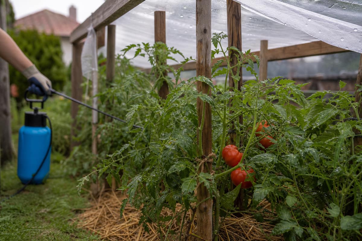 Plants de tomates tuteurés sous un abri de pluie ventilé au potager