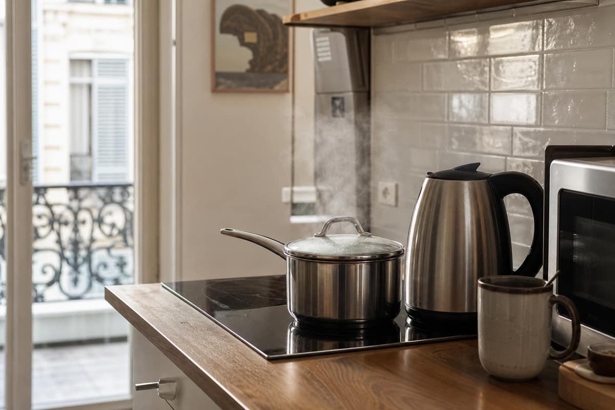 Bouilloire, casserole couverte sur induction et mug dans une cuisine lumineuse