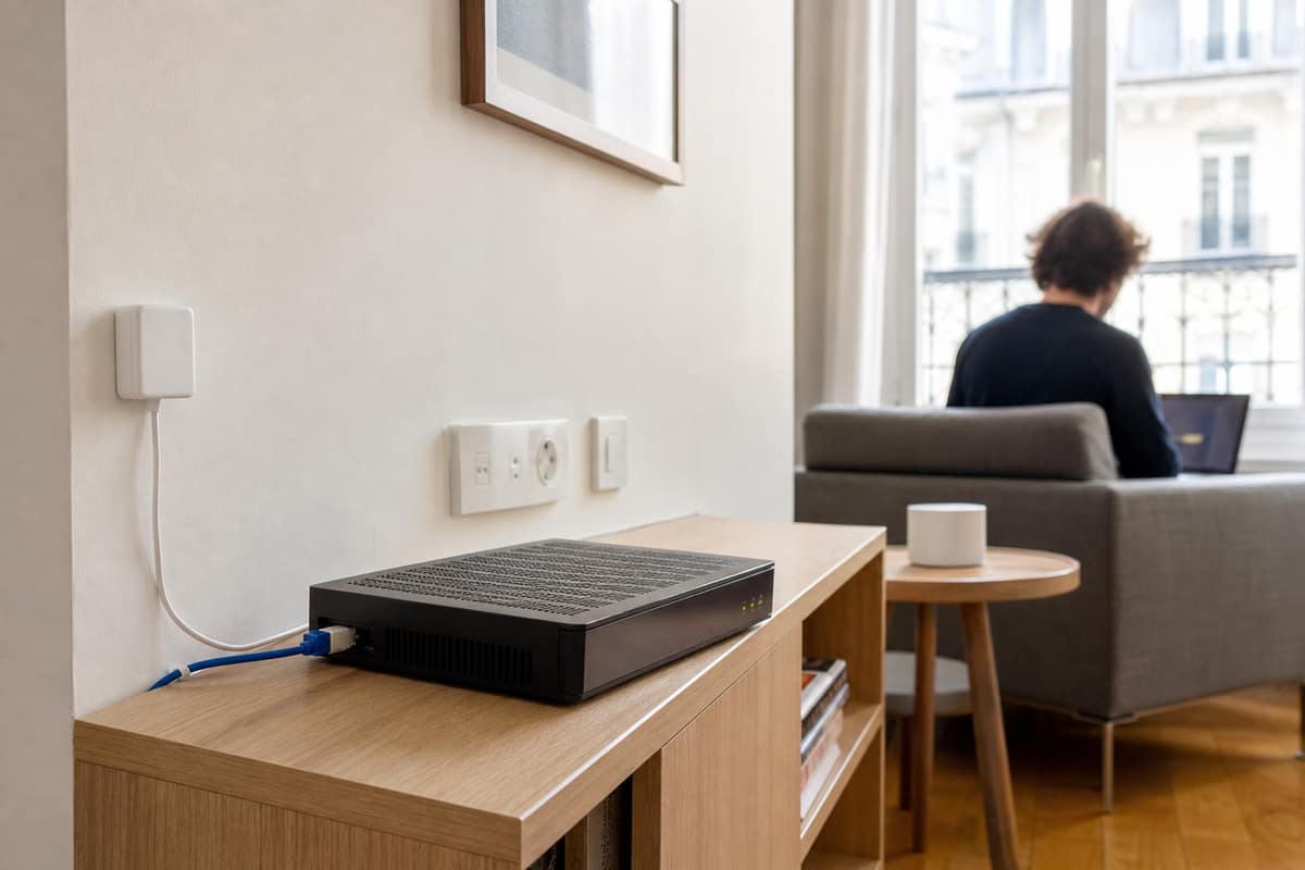 Box fibre reliée en Ethernet dans un salon d’appartement lumineux