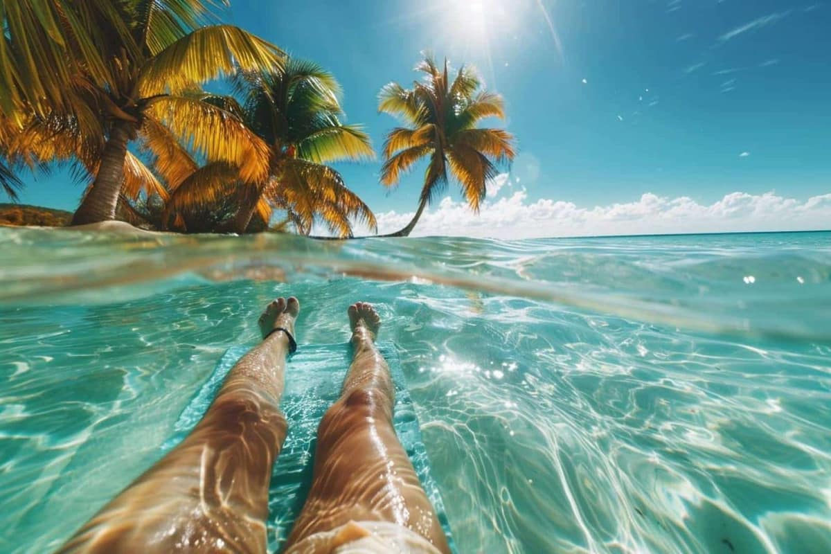 Crème solaire, chapeau et t-shirt anti-UV posés près de l’eau