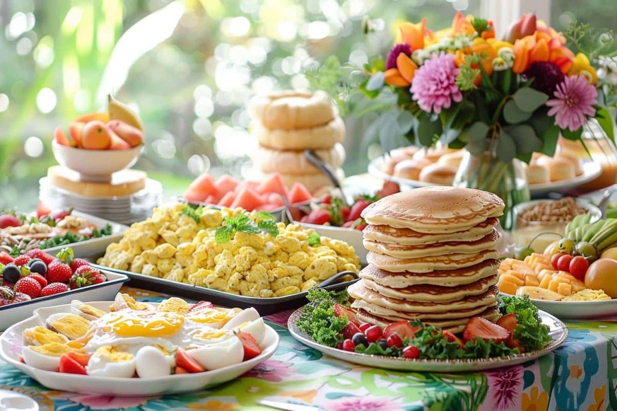 Table de brunch maison avec frittata, pancakes, fruits frais et pains tranchés