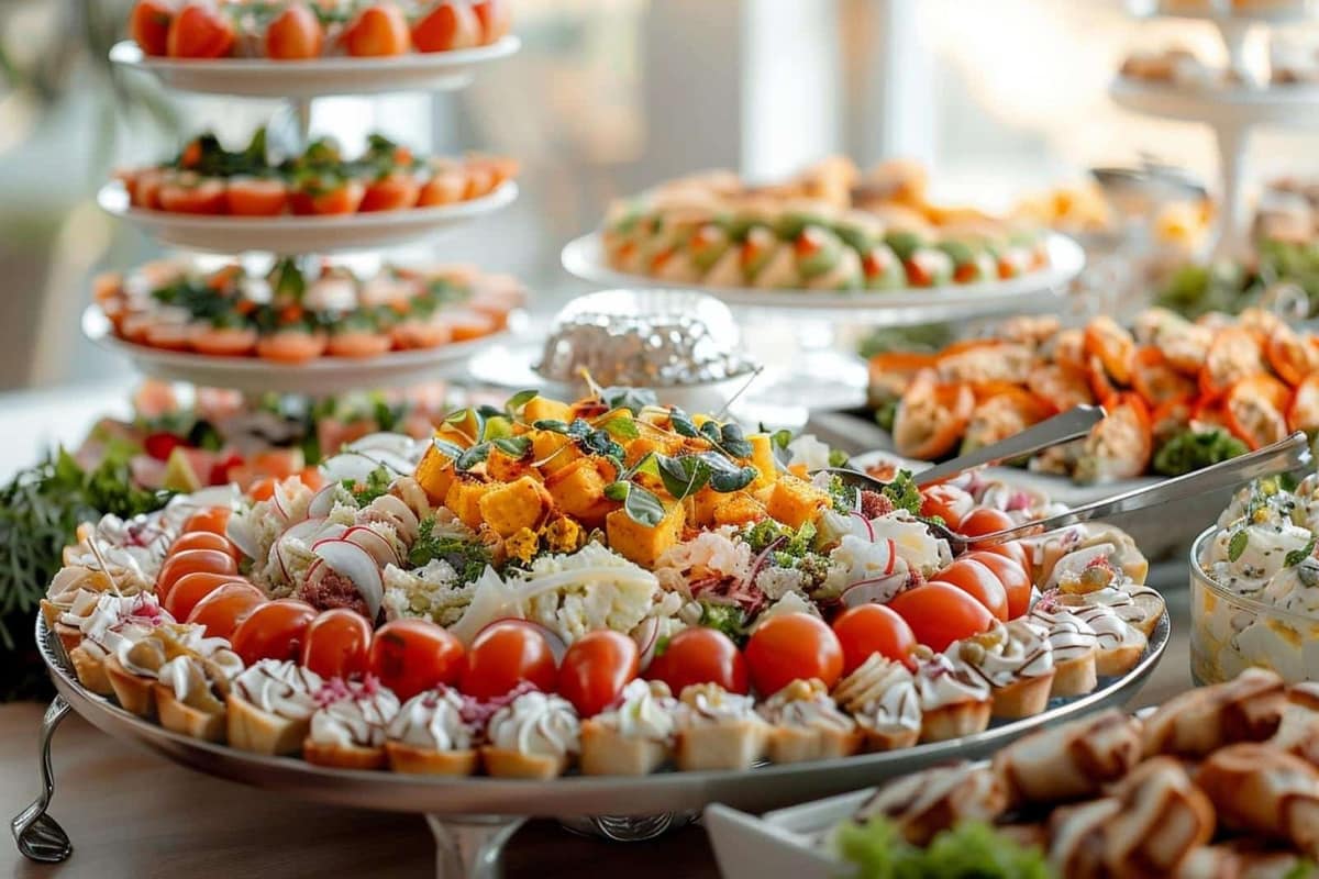 Buffet dinatoire maison avec quiches, brochettes, roulés, crudités et desserts