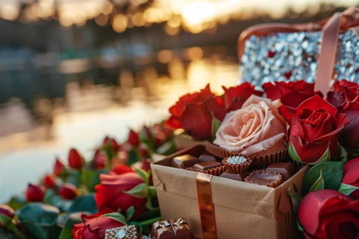 Boîte cadeau personnalisée, photos et tulipes sur une table de dîner