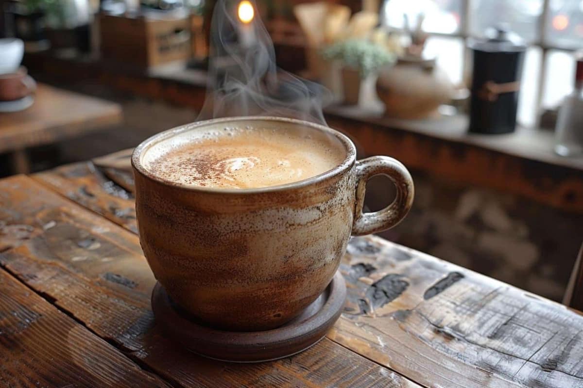 Espresso, café filtre et grains posés sur une table de cuisine